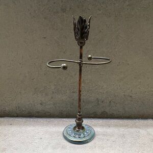 Vtg One-of-a-Kind Metal Earring Holder/Candlestick w/Pale Blue Carved Glass Base